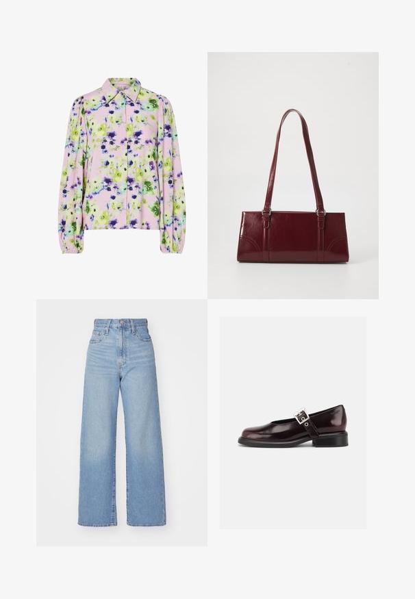 Blomstret bluse i pastelfarvet pink stof med grønne og lilla blomster mønstre, kraveudskæring og puffede lange ærmer.; Lyseblå højtaljede bukser med bred benåbning, med frontknap og lynlås, samt for- og baglommer, på en hvid baggrund.; En enkelt blank mørk burgunder Mary Jane sko med bred rem og sølvspænde, lav blokhæle og rundet tå på hvid baggrund.; Bordeaux håndtaske lavet af glansfuldt materiale, rektangulær form, med to skulderremme og subtile buede detaljer på forsiden.