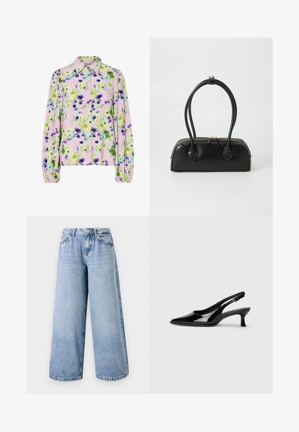 Blomstret bluse i pastelfarvet pink stof med grønne og lilla blomster mønstre, kraveudskæring og puffede lange ærmer.; Lyseblå bredbenede jeans lavet af denim, med høj talje, lynlås og fem lomme-design. Syninger er synlige langs benene.; Sorte patenterede slingback-sko med spidse tæer og lav blokhæl. Justerbar spænde-rem ved anklen.; Sort læder håndtaske med to langstrakte håndtag, lynlåslukning og afrundet form; glat tekstur med en subtil blank finish.