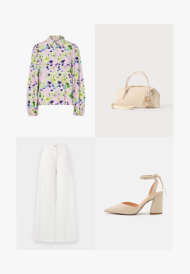Blumenbluse aus pastellpinkem Stoff mit grünen und lila Blumendrucken, mit Kragen und puffärmeligen langen Ärmeln.; Weißes Leinen-Breitbein-Hosen mit hoher Taille, großen Fronttaschen und einem einzelnen Knopfverschluss. Weiche Textur mit lockerer Passform.; Beige Highheel mit spitzem Zeh, Knöchelriemen und breitem Blockabsatz. Glattes, synthetisches Material mit matter Oberfläche.; Kleine beige Handtasche mit doppelten Griffen, goldenem Reißverschluss und abnehmbarem Riemen, mit einem goldenen Vorhängeschloss-Anhänger auf einfarbigem Hintergrund.