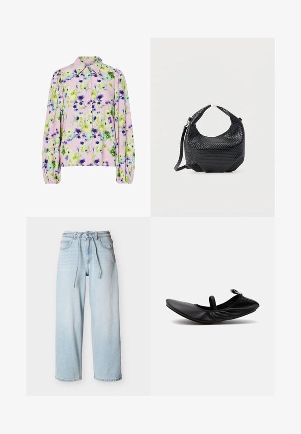 Bloes met bloemenpatroon, vervaardigd uit pastelroze stof met groene en paarse bloemen, met een kraag en opgeblazen lange mouwen.; Lichtblauwe denim spijkerbroek met wijde pijpen, een taille met trekkoord, voorzakken en riemlussen tegen een effen achtergrond.; Zwarte gevouwen leren ballerina platte schoen met een enkele band en zilveren gesp op een effen lichte achtergrond.; Zwart gevlochten lederen handtas met korte handgreep en afneembare schouderriem, getoond tegen een effen lichte achtergrond.