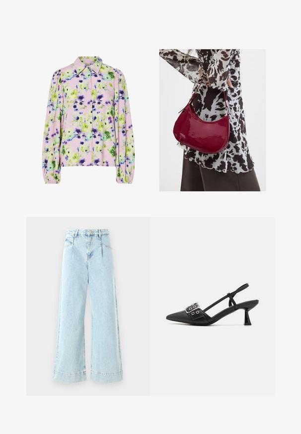Bloes met bloemenpatroon, vervaardigd uit pastelroze stof met groene en paarse bloemen, met een kraag en opgeblazen lange mouwen.; Lichtblauwe wijde jeans gemaakt van denim, met een hoge taille, voorzakken en gestikte accenten aan de zoom.; Simmi London DALA - Klassieke pumps - black; Vrouw met een zwart-wit gebloemde blouse houdt een glanzende rode schoudertas vast tegen een effen achtergrond.
