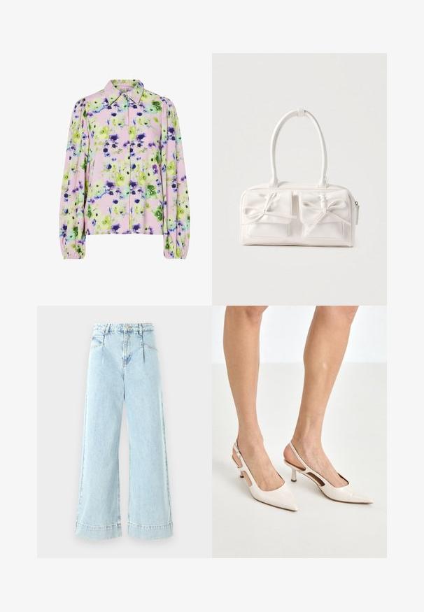 Bloes met bloemenpatroon, vervaardigd uit pastelroze stof met groene en paarse bloemen, met een kraag en opgeblazen lange mouwen.; Lichtblauwe wijde jeans gemaakt van denim, met een hoge taille, voorzakken en gestikte accenten aan de zoom.; Beige gepatineerde leren slingback hakken met een spitze neus en een hak van 5 cm, met uitsparingen aan de zijkanten en een dunne enkelband.; Witte synthetische handtas met twee voorzakken, elk voorzien van een gebonden strikdetail. Soepele textuur, afgeronde handgrepen en een ritssluiting.