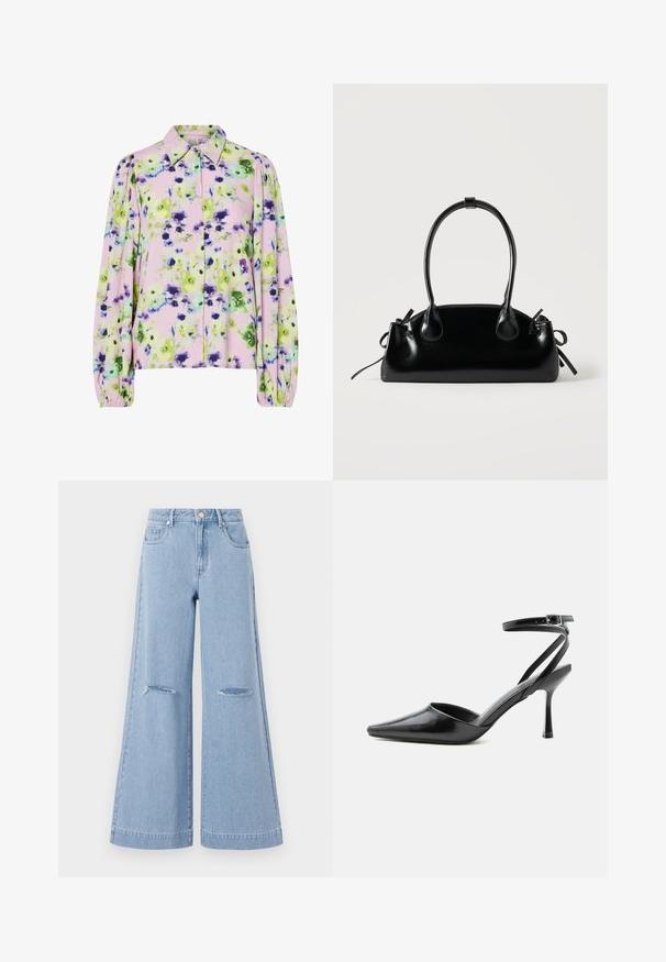 Blomstret bluse i pastelfarvet pink stof med grønne og lilla blomster mønstre, kraveudskæring og puffede lange ærmer.; Lyseblå bredbenede jeans med høj talje, der har to forlommer og to slidte knædetaljer, fremstillet af denimmateriale.; Sort spids højhælet sko med tynde ankelremme og sølvspænde på en ensfarvet lys baggrund.; Lille sort blank håndtaske med to lange håndtag og snøre-detaljer i siden på en ensfarvet lys baggrund.