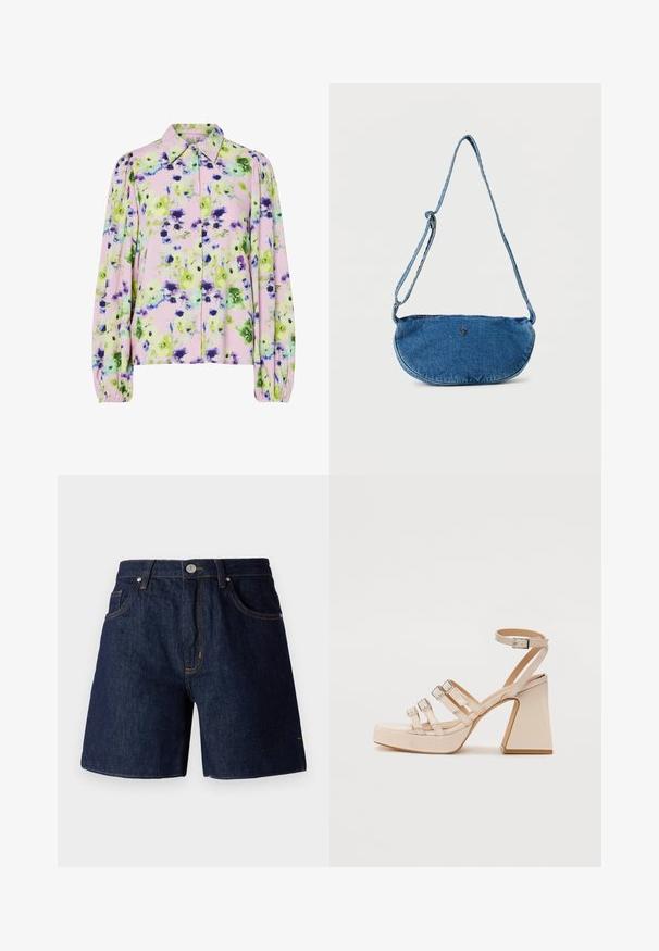 Bloes met bloemenpatroon, vervaardigd uit pastelroze stof met groene en paarse bloemen, met een kraag en opgeblazen lange mouwen.; Donkerblauwe denim shorts met contrastkleurige oranje stiksels. Beschikt over vijf zakken, een knoopsluiting en een recht model.; Beige platform sandalen met drie verstelbare banden en een enkelgesp. Glanzende afwerking, vierkante hak en gladde textuur.; Blauwe denim crossbodytas met verstelbare riem en klein metalen logo aan de voorkant, weergegeven tegen een witte achtergrond.