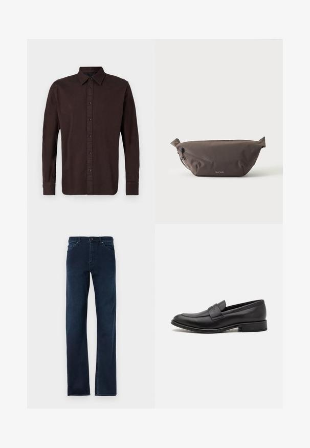 Mørkebrune langærmede skjorte lavet af vævet stof. Har en button-down krave, frontplacket med sorte knapper og knaplukning ved ærmerne.; Mørkeblå denim jeans med lige ben, fem lommer, knapåbning og kontrasterende syninger langs sømmene.; Sort læderloafer med en glat finish, en dekorativ rem over vristen, rund tå og en lav stablet hæl.; Mørkebrun stof talje taske med diagonalt lynlåslomme og lille hvidt logo på fronten, sat mod en ensfarvet lys baggrund.