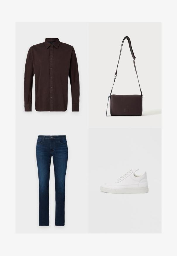 Mørkebrune langærmede skjorte lavet af vævet stof. Har en button-down krave, frontplacket med sorte knapper og knaplukning ved ærmerne.; Mørkeblå denimjeans med lige ben, der har standard knap- og lynlåslukning, fem lommer og let lysning.; Hvid lædersneaker med rundet tå, flad sål og snørebånd foran. Har syningsdetaljer og polstret krave for komfort.; Mørkebrun textured læder crossbody taske med justerbar rem og lille dekorativ blå accent på siden.