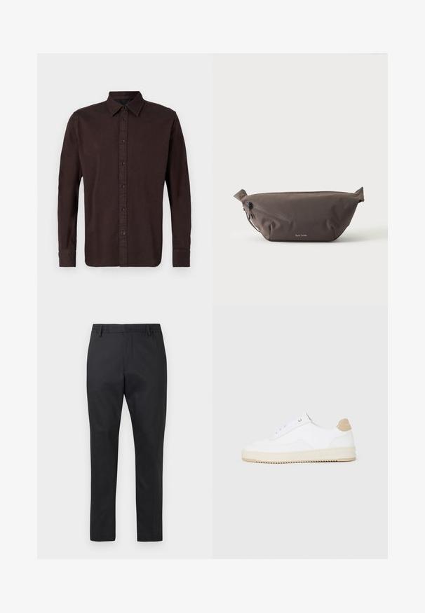 Mørkebrune langærmede skjorte lavet af vævet stof. Har en button-down krave, frontplacket med sorte knapper og knaplukning ved ærmerne.; Sorte bukser med elastisk talje, tapered ben og et glat bomuldsblandingsstof. Minimalistisk design uden yderligere mønstre.; Hvide lavt-op sneakers med en tekstureret læderoverdel, cremefarvet ribbet sål og en tan hælaccent. Har hvide snørebånd og logo-detalje på hælen.; Mørkebrun stof talje taske med diagonalt lynlåslomme og lille hvidt logo på fronten, sat mod en ensfarvet lys baggrund.