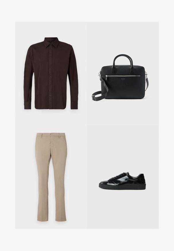 Mørkebrune langærmede skjorte lavet af vævet stof. Har en button-down krave, frontplacket med sorte knapper og knaplukning ved ærmerne.; Beige bukser lavet af en bomuldsblanding, med en slim fit, lige ben-design, forlommer og lynlås med knaplukning.; Sorte laklæder sneakers med rund tå, snørredesign, tekstureret gummisål og en glat overflade.; Sort struktureret rektangulær lædermappe med dobbelthåndtag, lynlåslomme foran og justerbar skulderrem vist på hvid baggrund.