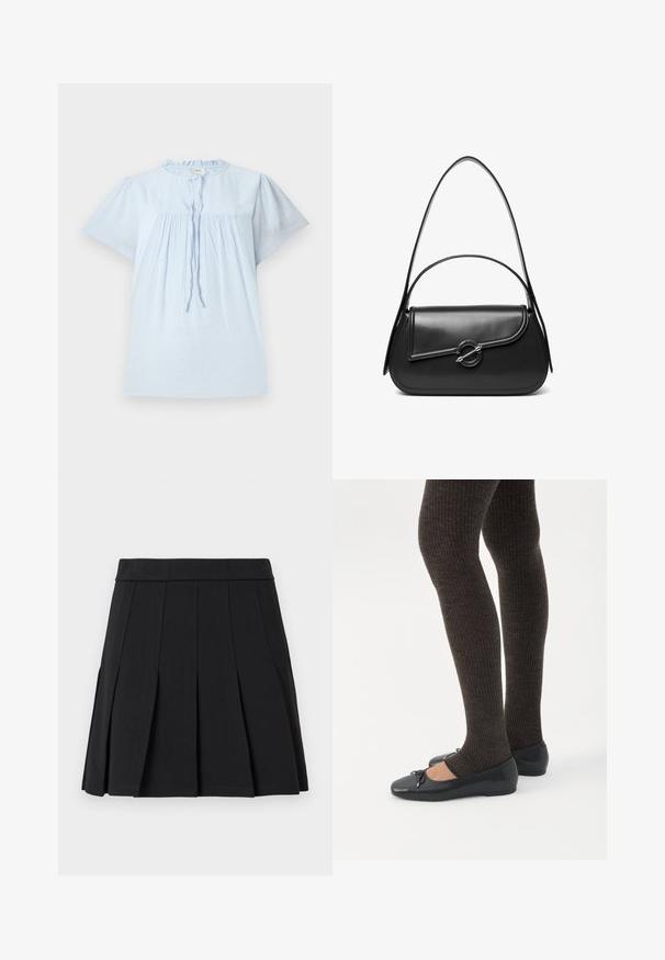 Lichtblauw kort mouwen blouse van gestructureerde stof, met een ronde halslijn en geplooid design. Bevat een trekkoord aan de voorkant en subtiele accenten.; Zwarte geplooide rok gemaakt van een glad materiaal. Voorzien van een brede tailleband en meerdere verticale mesplooien.; Benen met donkere geribbelde leggings gecombineerd met zwarte ballerina's met kleine strikdetails op een witte achtergrond.; Zwarte leren schoudertas met een gebogen klep die is bevestigd met een ronde metalen sluiting en een smalle, verstelbare band.