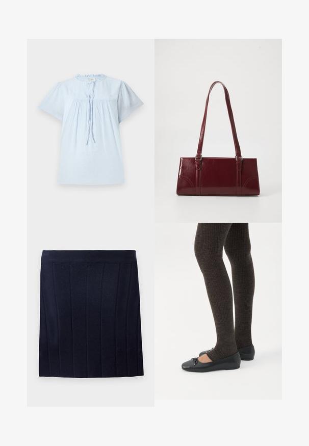 Blusa de manga corta azul claro con tejido texturizado, escote redondo y diseño con pliegues. Presenta un cordón en la parte delantera y acentos sutiles.; Object OBJTHESS - Minifalda - sky captain; Piernas con leggings oscuros acanalados combinados con bailarinas negras que presentan pequeños detalles de lazo sobre un fondo blanco.; Bolso burdeos hecho de material brillante, de forma rectangular, con dos asas para el hombro y sutiles acentos curvados en la parte frontal.