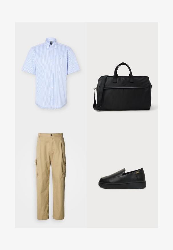 Chemise à manches courtes à rayures verticales bleu clair et blanc, avec col boutonné et logo brodé subtil sur la poitrine.; Pantalon cargo beige en tissu résistant, avec une coupe décontractée, des poches latérales et une fermeture par bouton à la taille.; Chaussure noire en cuir à enfiler avec semelle épaisse et petits trous de ventilation latéraux, avec un logo doré "HUGO" près du talon.; Sac de voyage rectangulaire noir avec doubles poignées, bandoulière réglable, poche zippée à l'avant et petit logo "BOSS" à l'avant.