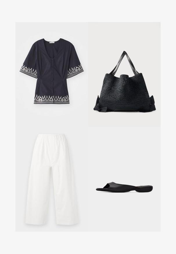 Marineblaue Bluse mit V-Ausschnitt, kurzen Ärmeln und weißer Blumenstickerei am Saum und an den Ärmeln. Verfügt über eine Knopfverschluss.; Weiße, weit geschnittene Hose mit elastischem Bund. Aus leichtem Stoff gefertigt, mit klaren Linien und einer glatten, untexturierten Oberfläche.; Schwarze offene Slide-Sandale mit offenem Zehenbereich, strukturierter Sohle und minimalistischem Design, seitlich auf einem schlichten hellgrauen Hintergrund betrachtet.; Große schwarze gewebte Tragetasche mit breiten, flachen Griffen und offenem Oberteil vor einem schlichten hellen Hintergrund.