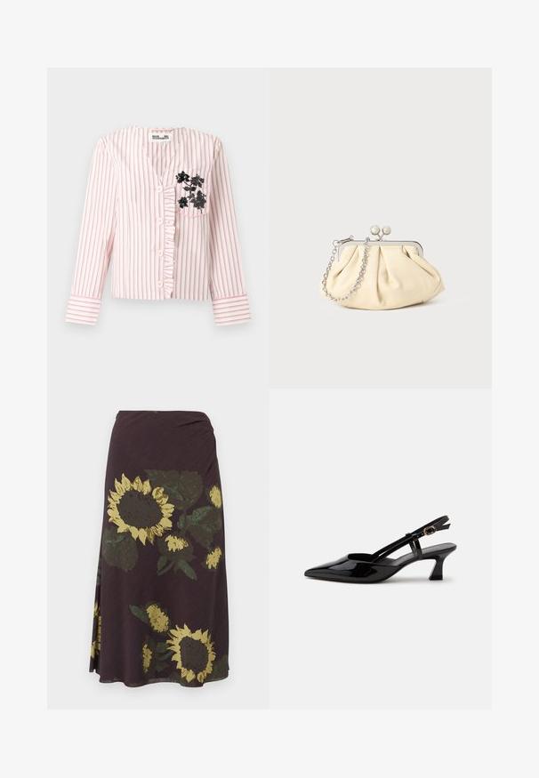 Blouse à manches longues rayée rose et blanche avec boutons sur le devant, bordure à volants et broderie florale noire sur la poche poitrine gauche.; Jupe midi violet foncé avec un grand motif de tournesol jaune et de feuilles vertes.; Chaussure slingback en cuir verni noir à petit talon, bout pointu et bride réglable avec boucle dorée sur fond blanc.; Pochette en cuir beige plissé avec un cadre en métal argenté, dotée de deux fermoirs ronds décoratifs et d'une chaîne en argent.