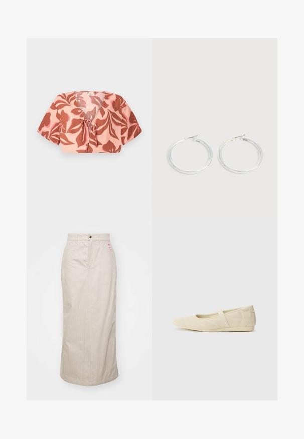 Top court en tissu rose pastel avec un motif floral en rouille et rose doux, noué à l'avant, avec des manches courtes et un décolleté en V.; Jupe beige à rayures, taille haute, avec fermeture éclair dissimulée et bouton en métal. Inclut une petite étiquette de marque sur le devant.; Ballerines beiges avec une exterior en cuir lisse, un bout en forme d'amande et une sangle élastique sur le coup de pied, avec des détails de couture subtils.; Paire de boucles d'oreilles créoles argentées brillantes avec fermoirs en fil fin, présentée sur un fond gris clair.