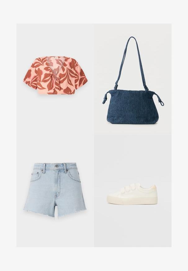 Top corto de tela rosa pastel con un patrón floral en tono óxido y rosa suave, con la parte delantera atada, mangas cortas y cuello en V.; Shorts de mezclilla azul claro con cintura alta, dobladillo deshilachado y cinco bolsillos. Presenta un botón de metal y costuras en contraste.; Zapatillas blancas con un upper de material sintético liso, tres tiras de velcro, puntera redonda y suela de goma con textura. Acento trasero en beige.; Bolso de hombro de mezclilla azul oscuro con extremos de correa anudados y forma rectangular simple sobre un fondo blanco.