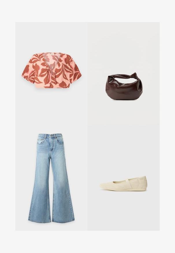 Top court en tissu rose pastel avec un motif floral en rouille et rose doux, noué à l'avant, avec des manches courtes et un décolleté en V.; Jean bleu clair à jambes larges en denim avec fermeture à bouton et fermeture éclair à l'avant, passants de ceinture et poches avant, présenté sur un fond uni.; Ballerines beiges avec une exterior en cuir lisse, un bout en forme d'amande et une sangle élastique sur le coup de pied, avec des détails de couture subtils.; Sac bandoulière en cuir marron foncé avec une forme souple et décontractée et une anse nouée torsadée sur un fond blanc uni.
