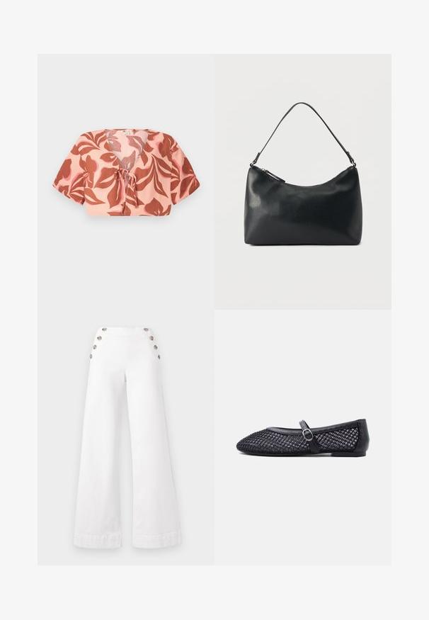 Top corto de tela rosa pastel con un patrón floral en tono óxido y rosa suave, con la parte delantera atada, mangas cortas y cuello en V.; Pantalones de pierna ancha blancos, hechos de algodón, con grandes botones decorativos a los lados, con una textura suave y costuras limpias.; Zapato plano Mary Jane negro con diseño de malla y una correa con hebilla plateada en la parte superior, mostrado de lado.; Bolso de hombro de cuero negro texturizado con cremallera curva en la parte superior y una sola correa ajustable sobre un fondo liso.