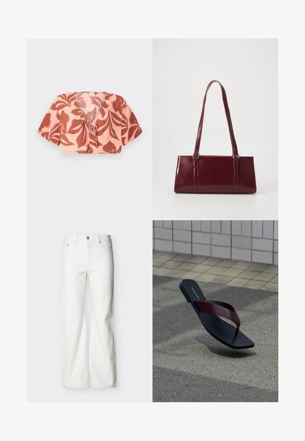 Korte top van pastelroze stof met een bloemenpatroon in roest en zachtroze, met een strik aan de voorkant, korte mouwen en een V-hals.; Witte jeans met rechte pijpen en hoge taille, voorzien van een knoopsluiting aan de voorkant, rits, en zij- en achterzakken, tegen een effen lichte achtergrond.; Enkel zwart teenslipper met een donkerrode band die zweeft boven een grijs asfaltoppervlak met beige betegelde stoep op de achtergrond.; Bourgondische handtas van glanzend materiaal, rechthoekige vorm, met twee schouderbanden en subtiele gebogen accenten aan de voorkant.