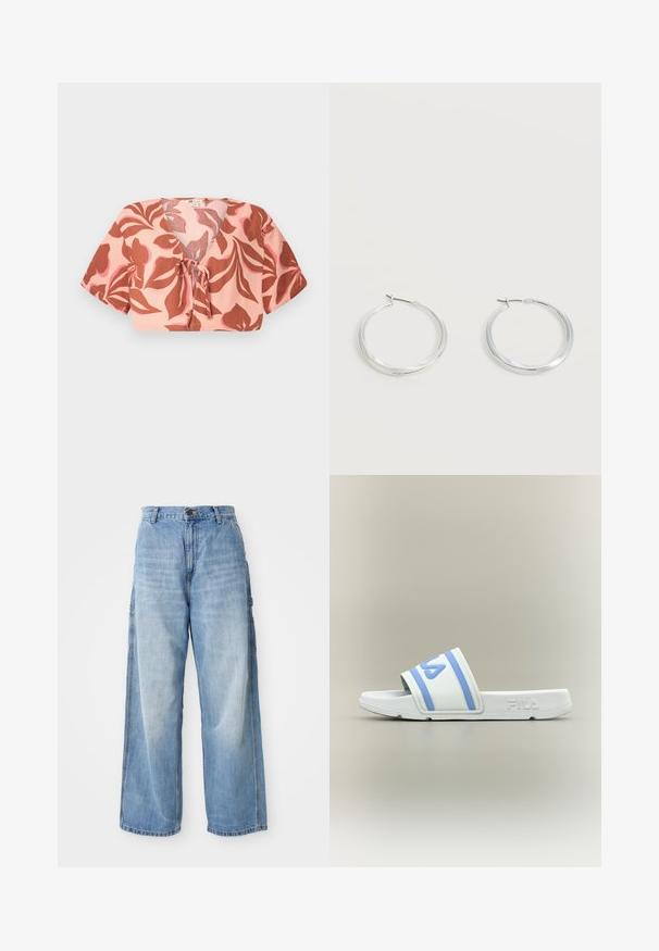 Top corto de tela rosa pastel con un patrón floral en tono óxido y rosa suave, con la parte delantera atada, mangas cortas y cuello en V.; Jeans de pierna ancha en color azul claro con una cintura alta, que cuentan con bolsillos laterales y una textura desgastada, confeccionados en material de mezclilla.; Sandalia blanca tipo slide con rayas azules y logotipo en la tira, plantilla texturizada y nombre de la marca grabado en el lateral de la suela.; Pendientes de aro de metal plateado con superficie lisa y ligeramente curvada y cierre de tipo mosquetón sobre un fondo blanco liso.