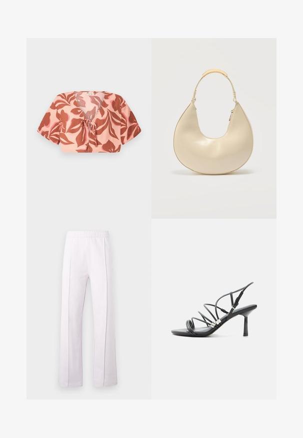 Top corto de tela rosa pastel con un patrón floral en tono óxido y rosa suave, con la parte delantera atada, mangas cortas y cuello en V.; Pantalones de pierna ancha color púrpura claro con una cintura elástica y dos costuras verticales en la parte delantera. Tela lisa con un ligero brillo.; Sandalia negra de tacón alto con tiras finas y curvas, detalles plateados y una hebilla ajustable en el tobillo sobre un fondo blanco.; Bolso de mano color crema en forma de media luna con un asa corta que presenta un detalle metálico dorado y cierre lateral con cremallera.