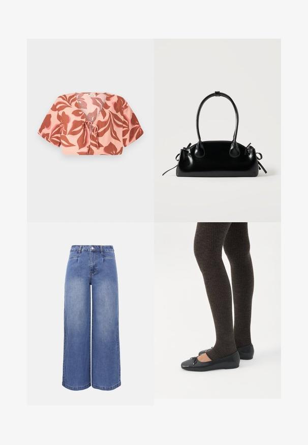 Korte top van pastelroze stof met een bloemenpatroon in roest en zachtroze, met een strik aan de voorkant, korte mouwen en een V-hals.; Blauwe denim jeans met een hoge taille en wijde pijpen, voorzien van voorzakken, taillebandlussen, een knoopsluiting en subtiele vervaging op de benen en dijen.; Benen met donkere geribbelde leggings gecombineerd met zwarte ballerina's met kleine strikdetails op een witte achtergrond.; Kleine zwarte glanzende handtas met twee lange hengsels en zijkant trekkoord details op een effen lichte achtergrond.