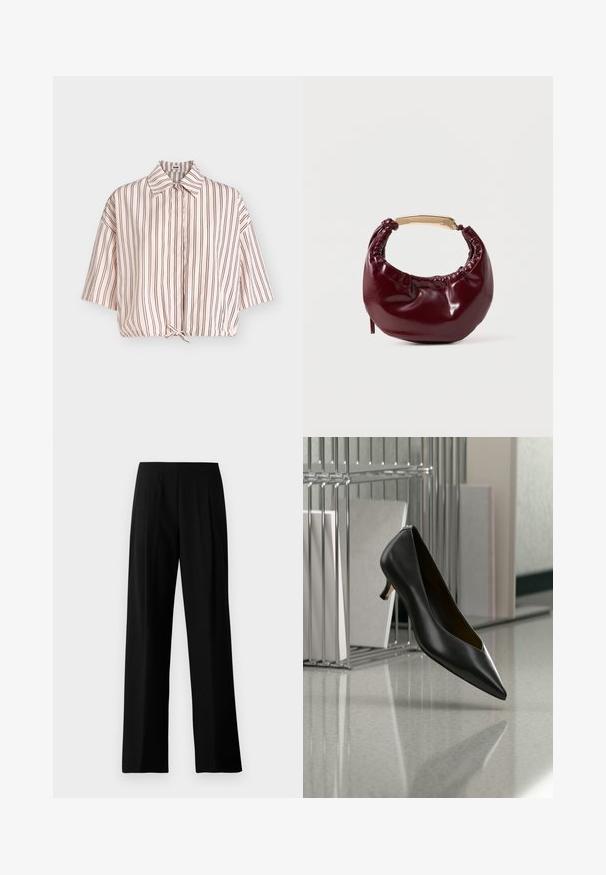 Chemise rose clair à manches courtes avec fines rayures verticales noires et un petit nœud à l'ourlet, présentée sur un fond gris.; Pantalons noirs à jambe large en tissu lisse, dotés d'une taille plate et de plis sur le devant pour un look soigné. Pas de matériel ni de motifs visibles.; Chaussure en cuir noir à bout pointu et talon kitten flottant au-dessus d'un sol gris moucheté, à côté d'un organiseur de fichiers en métal contenant des dossiers.; Sac à main en simili cuir bordeaux avec une forme arrondie, des détails froncés et une anse en métal doré. Texture lisse et finition brillante.