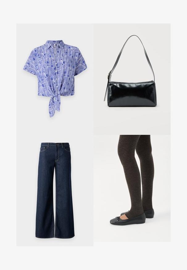 Blå og hvid kortærmet skjorte med en bindefront-design og et abstrakt bølgemønster. Letvægtsstof med en afslappet pasform.; Bredde ben jeans i mørkeblå denim. Har kontrastsyninger, fem lommer og en knaplukning i taljen. Glat tekstur.; Ben iført mørke ribbede leggings kombineret med sorte balletsko med små sløjfedetaljer på hvid baggrund.; Sort rektangulær skuldertaske med en enkelt justerbar rem og lynlås i toppen på en ensfarvet baggrund.
