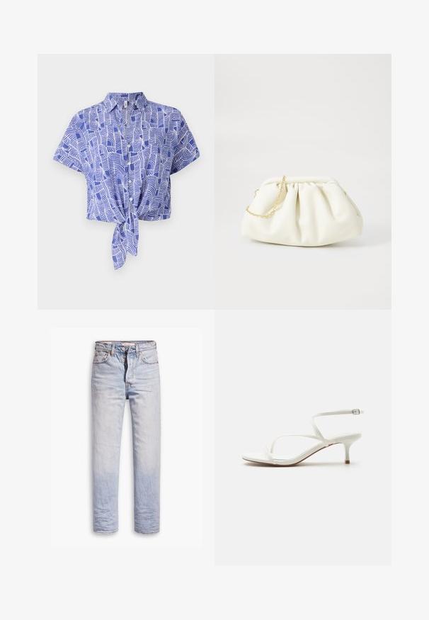 Blå og hvid kortærmet skjorte med en bindefront-design og et abstrakt bølgemønster. Letvægtsstof med en afslappet pasform.; Lyseblå denimjeans med lige ben, der har en knaplukning, fem lommer og en diskret falmning langs benene.; Hvid damesandal med remme, lav kittenhæl og ankelspænde på ensartet hvid baggrund.; Hvid læderhåndtaske med en samlede design, forsynet med en guldkæde-strop og en rund form. Glat tekstur med bløde folder og ingen mønstre.
