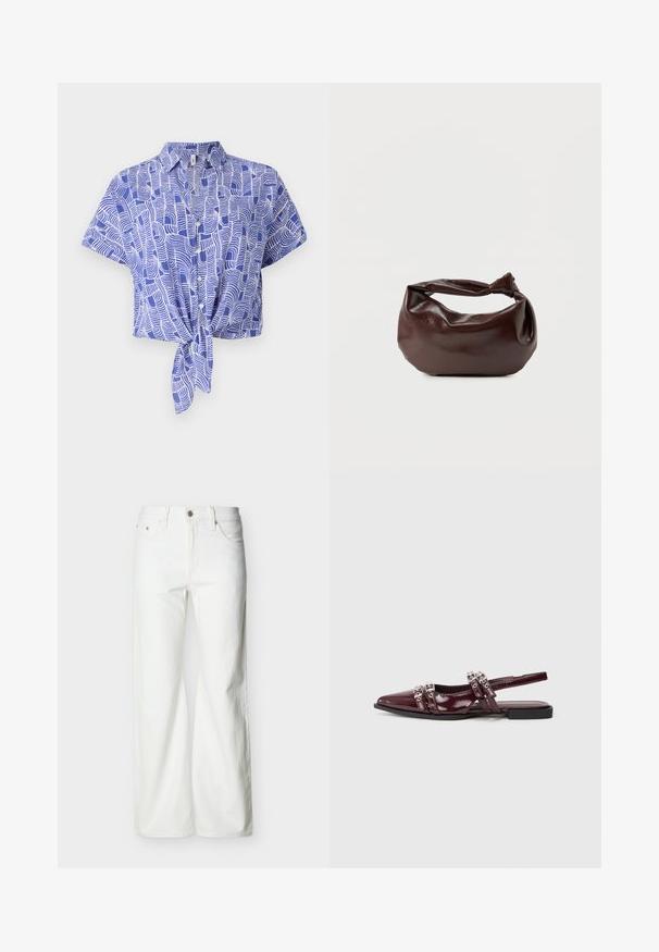 Blå og hvid kortærmet skjorte med en bindefront-design og et abstrakt bølgemønster. Letvægtsstof med en afslappet pasform.; Hvide jeans med høj talje og lige ben, med forreste knap, lynlåslukning samt sidelommer og baglommer, mod en ensartet lys baggrund.; Bordeaux patentlæder slingback flad sandal med spids tå, der har dekorerede remme med metalliske detaljer.; Mørkebrun læder skuldertaske med en blød, afslappet form og et snoet knudehåndtag på en ensartet hvid baggrund.