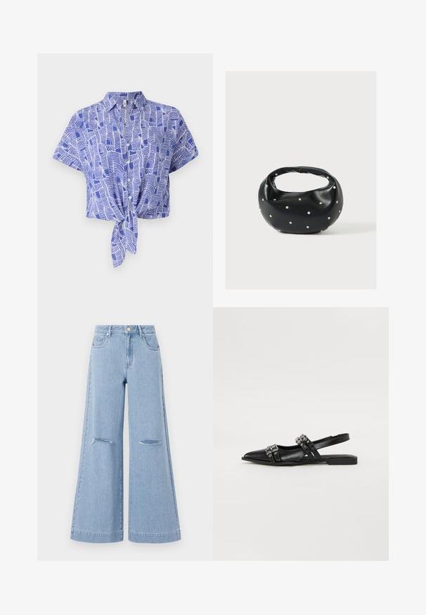 Blå og hvid kortærmet skjorte med en bindefront-design og et abstrakt bølgemønster. Letvægtsstof med en afslappet pasform.; Lyseblå bredbenede jeans med høj talje, der har to forlommer og to slidte knædetaljer, fremstillet af denimmateriale.; Even&Odd by Zalando Slingback-ballerinasko - black; Sort læderhåndtaske med en rundet form, dekoreret med sølvnitter, og et kort håndtag. Glat tekstur og lynlåslukning.
