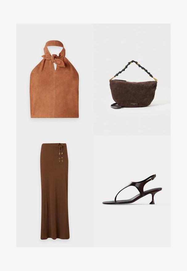 Halter-stijl tas van zacht bruin suede met een geknoopte bovenkant en een sleufvormig uitsnede. Heeft een gladde textuur en een minimalistisch ontwerp.; Lange bruine rok met een hoge taille en veterdetail met goudkleurige eyelets en bedels aan de rechterkant.; Donkerbruine lakleren slingbacksandaal met kittenheel en teenbandje op witte achtergrond.; Donkerbruine suède handtas met geknoopt zwart en goud handvat en een afneembare lange riem op een witte achtergrond.