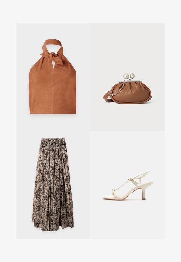 Halter-Style Tasche aus weichem braunem Wildleder mit einem geknoteten Oberteil und einem Schlüsselloch-Ausschnitt. Hat eine glatte Textur und ein minimalistisches Design.; Langer, fließender Rock mit gerafftem Bund und braunen und beigen Tierdruckmuster.; Beige Sandalette mit hohen Absätzen, dünnen Riemen, verstellbarer Schnalle, Zehenring-Detail und einem spitz zulaufenden Blockabsatz auf einer ebenen Fläche.; Braune Leder-Clutch mit silbernem Kugelverschluss und einem kleinen silbernen Kettendetail auf weißem Hintergrund.