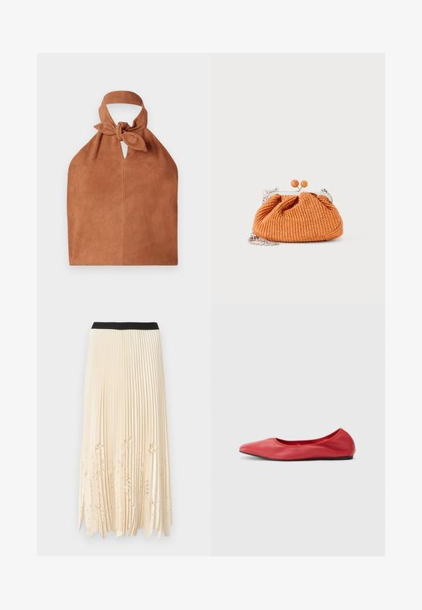 Halter-Style Tasche aus weichem braunem Wildleder mit einem geknoteten Oberteil und einem Schlüsselloch-Ausschnitt. Hat eine glatte Textur und ein minimalistisches Design.; Faltenrock in Creme mit einem schwarzen elastischen Bund; verfügt über florale Aussparungen entlang des Saums für Textur und optisches Interesse.; Filippa K REY FLATS - Klassischer Ballerina - bright red; Kleine orangefarbene gewebte Clutch-Handtasche mit silbernem Metallrahmen, rundem Verschluss und silberner Kettenriemen auf weißem Hintergrund.