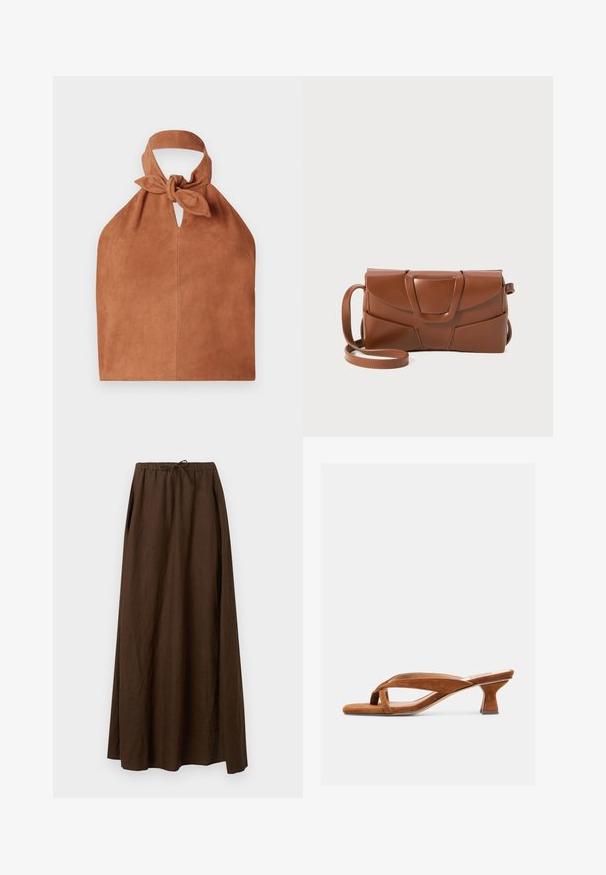 Sac de style halter en daim doux couleur brun avec un détail de dessus noué et une découpe en forme de clé. Présente une texture lisse et un design minimaliste.; Jupe longue en lin brun avec une taille élastique et un cordon de serrage. Caractérisée par un design ample et fluide avec des plis sur les côtés. Texture lisse.; Sandale ouverte en suède marron avec un petit talon kitten et des brides croisées, présentée sur un fond clair uni.; Sac à main en cuir marron au design élégant, avec un rabat structuré, un fermoir marqué et une bandoulière réglable pour plus de polyvalence.