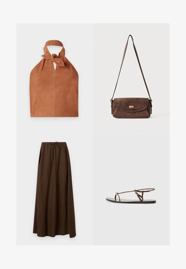 Sac de style halter en daim doux couleur brun avec un détail de dessus noué et une découpe en forme de clé. Présente une texture lisse et un design minimaliste.; Jupe longue en lin brun avec une taille élastique et un cordon de serrage. Caractérisée par un design ample et fluide avec des plis sur les côtés. Texture lisse.; Sandale en cuir marron avec des fines lanières, un accent circulaire doré et une semelle plate. Design minimaliste avec un détail de boucle réglable.; Sac bandoulière en daim marron avec une longue sangle réglable et une fermeture à tour dorée sur le rabat avant.
