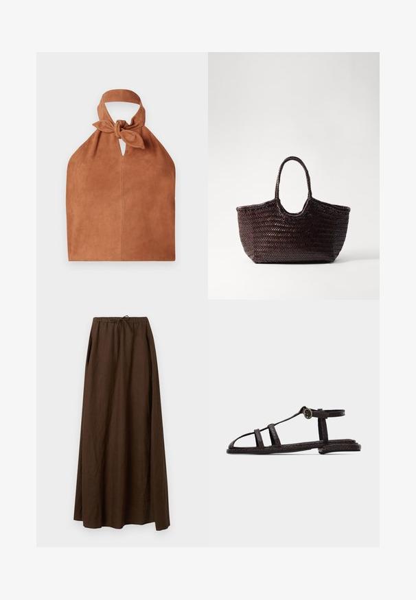 Halter-Style Tasche aus weichem braunem Wildleder mit einem geknoteten Oberteil und einem Schlüsselloch-Ausschnitt. Hat eine glatte Textur und ein minimalistisches Design.; Brauner, langer Leinenrock mit elastischem Bund und Kordelzug. Verfügt über ein lockeres, fließendes Design mit seitlichen Falten. Glatte Textur.; Dunkelbraune flache Sandale mit strukturierten Riemen, Knöchelriemen mit Schnalle und offenem Zehendesign vor einem schlichten hellen Hintergrund.; Gewebte braune Tragetasche mit abgerundetem Oberteil und zwei Griffen. Sie verfügt über ein strukturiertes Muster und eine weite, offene Bauweise für einfachen Zugriff.