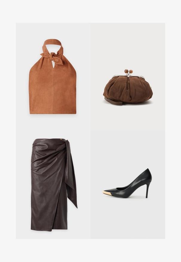 Halter-stijl tas van zacht bruin suede met een geknoopte bovenkant en een sleufvormig uitsnede. Heeft een gladde textuur en een minimalistisch ontwerp.; Donkerbruine midi rok van nepleer met wikkelontwerp en geplooide strikdetail aan één zijde, getoond tegen een effen lichte achtergrond.; Zwarte leren hoge hak pump met een spitse neus; heeft een metallic gouden accent op de neuskap. Glad oppervlak met een stijlvolle vormgeving.; Zachte bruine suède polstasje met zilverkleurige metalen frame en ronde bruine sluitknopjes op een effen lichte achtergrond.
