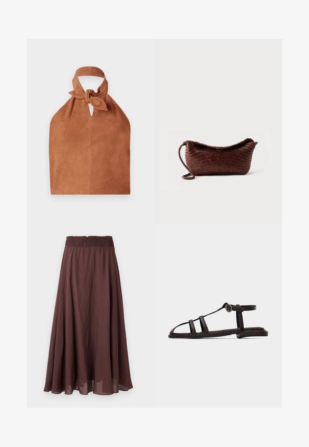 Sac de style halter en daim doux couleur brun avec un détail de dessus noué et une découpe en forme de clé. Présente une texture lisse et un design minimaliste.; Jupe longue forme trapèze marron avec taille élastique froncée et tissu léger légèrement froissé, présentée sur un fond uni.; Sandale plate marron foncé avec des brides texturées, boucle à la cheville et design à bout ouvert sur un fond clair uni.; Sac à main en cuir tressé marron avec une bandoulière unique et un dessus incurvé sur fond blanc uni.