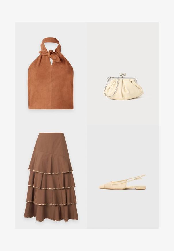 Sac de style halter en daim doux couleur brun avec un détail de dessus noué et une découpe en forme de clé. Présente une texture lisse et un design minimaliste.; Jupe mi-longue marron à volants avec quatre couches superposées, chacune bordée de petits clous circulaires dorés.; Chaussure plate slingback en beige clair avec une tige en maille, un bout pointu et un petit talon. Dotée d'une sangle ajustable pour un bon maintien.; Pochette en cuir beige plissé avec un cadre en métal argenté, dotée de deux fermoirs ronds décoratifs et d'une chaîne en argent.