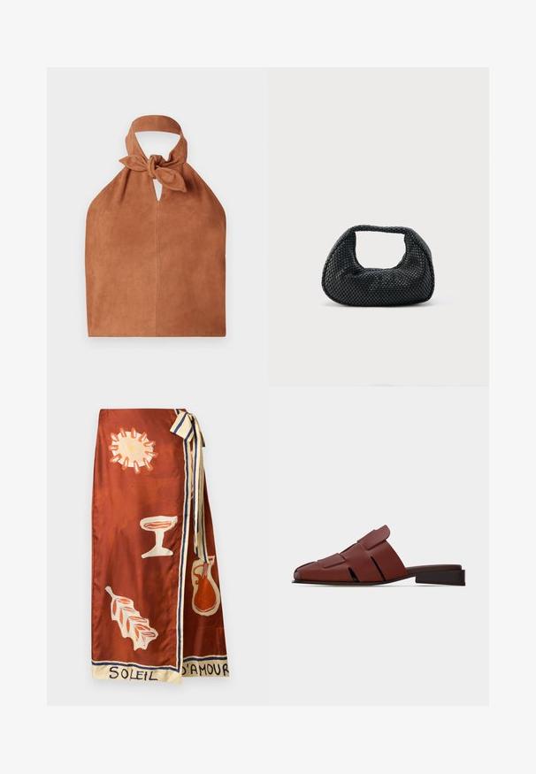 Sac de style halter en daim doux couleur brun avec un détail de dessus noué et une découpe en forme de clé. Présente une texture lisse et un design minimaliste.; Jupe portefeuille couleur rouille avec illustrations de soleil, feuille, calice et cruche, nouée avec une ceinture rayée crème et bleue, texte "Soleil d'Amour" à l'ourlet.; Sandale à enfiler en cuir marron avec des découpes et un petit talon plat, vue de côté sur fond clair uni.; Sac hobo tissé noir avec une structure souple et une poignée intégrée, présenté sur un fond clair uni.