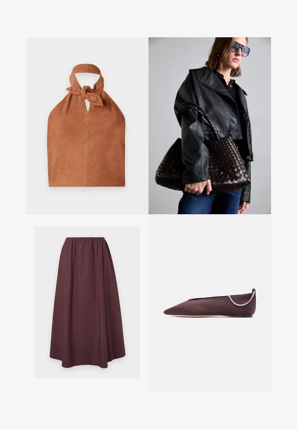 Halter-stijl tas van zacht bruin suede met een geknoopte bovenkant en een sleufvormig uitsnede. Heeft een gladde textuur en een minimalistisch ontwerp.; Donker bordeaux, enkellange rok met geplooide elastische tailleband en subtiel naaddetail vlak bij de zoom, plat uitgestald op een lichte achtergrond.; Donkerbruine platte schoen met puntige neus, lage hak en een zilveren rijglin met strassteentjes aan de achterkant.; DRAGON DIFFUSION SANTA CROCE BIG - Handtas - dark brown