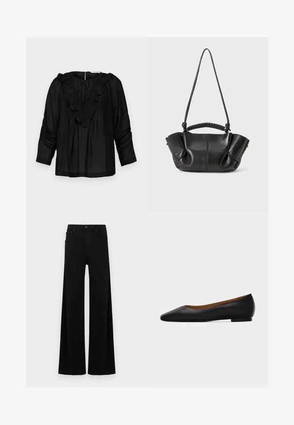 Blouse noire avec un col en V à volants, des manches trois-quarts et des détails froncés aux épaules, fabriquée dans un tissu lisse et léger.; Pantalon noir à jambes larges en denim, avec une taille haute, des poches avant et une fermeture simple par bouton métallique.; Chaussure plate en cuir noir à bout pointu avec talon bas et finition lisse, vue de côté sur un fond gris clair.; Sac à main en cuir noir avec une finition texturée, des plis souples, des doubles poignées et des détails de poignée tissée. Compact, avec un design ouvert.