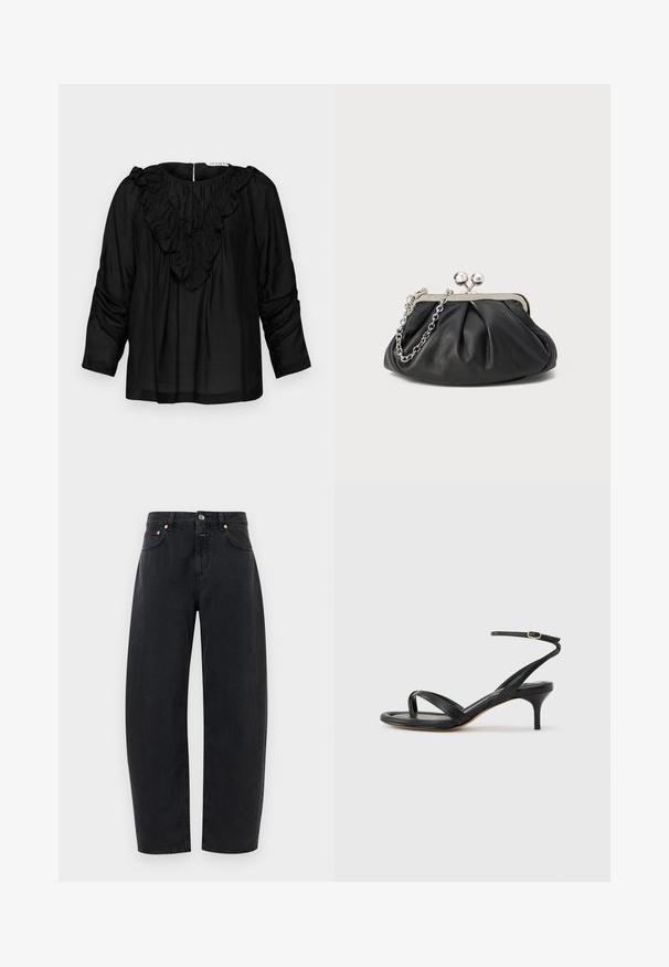 Blouse noire avec un col en V à volants, des manches trois-quarts et des détails froncés aux épaules, fabriquée dans un tissu lisse et léger.; Jean en denim noir avec un design à jambe droite, cinq poches et des accents en cuivre. Le tissu a une texture lisse et une couture classique.; Sandale pour femme en cuir noir avec fines lanières, une boucle d'orteil, une boucle à la cheville et un talon aiguille de hauteur moyenne sur un fond neutre.; Porte-monnaie en cuir noir avec texture froncée, cadre en métal argenté, fermeture à verrouillage kiss-lock et bandoulière en chaîne. Surface lisse et douce.