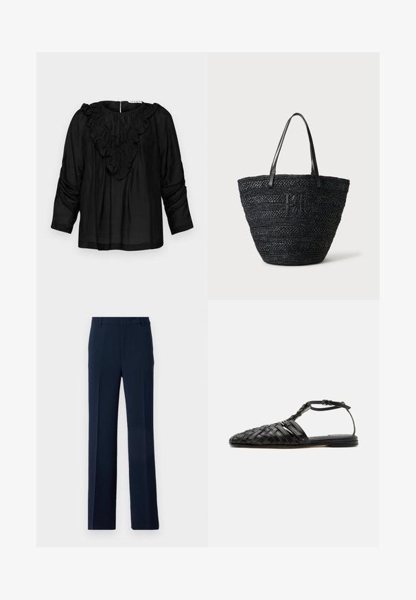 Mustat pusero, jossa on röyhelöillä varustettu V-kaula-aukko, kolmannelta neljännekseltä hihat ja kokoontumisdetaileja hartioilla, valmistettu sileästä ja kevyestä kankaasta.; Navy blue -housut, jotka on valmistettu sileästä kankaasta, suorassa lahjemuotoilussa, jossa on etupielet ja sivutaskut muodikkaan ilmeen luomiseksi.; Mustat tasapohjaiset nahkasandaalit, jossa punottu suljettu varvassuoja, nilkkaremmi ja solki, esitetty valkoisella taustalla.; Musta kudottu olkalaukku, jossa on kaksi ohutta nahkahihnaa ja hillitty punottu logo edessä, valkoista taustaa vasten.