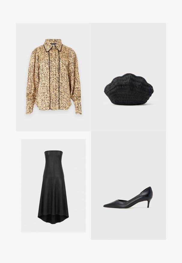 Blouse beige à manches longues avec motif abstrait noir, col pointu, boutons à l'avant et bordure noire le long de la ligne des boutons et des bords du col.; Robe bustier noire en simili cuir avec corsage ajusté et jupe évasée, présentant des détails de coutures et un ourlet dégradé.; Escarpin en cuir noir avec un bout pointu et un talon bas. Présente une texture lisse et un éclat subtil. Découpe ouverte à l'avant pour un détail supplémentaire.; Sac à main en osier noir en forme de coquille Saint-Jacques avec un dessus courbé et une texture tressée sur un fond uni.
