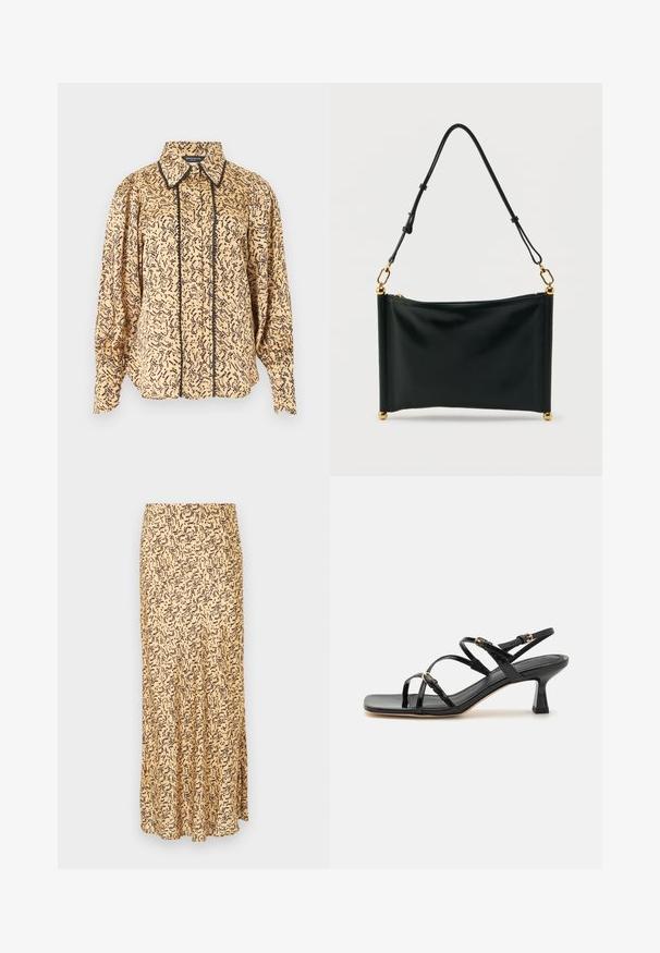 Blouse beige à manches longues avec motif abstrait noir, col pointu, boutons à l'avant et bordure noire le long de la ligne des boutons et des bords du col.; Jupe longue beige avec imprimé abstrait noir type coup de pinceau, coupe droite et légère évasée en bas, sur un fond gris clair uni.; Sandales à strapes en cuir verni noir avec un bout carré et un petit talon carré. Présente des accessoires en métal doré et des brides de cheville réglables.; Sac à main rectangulaire en cuir noir avec bandoulière ajustable, ferrures dorées et fermeture éclair, posé verticalement sur un fond blanc.