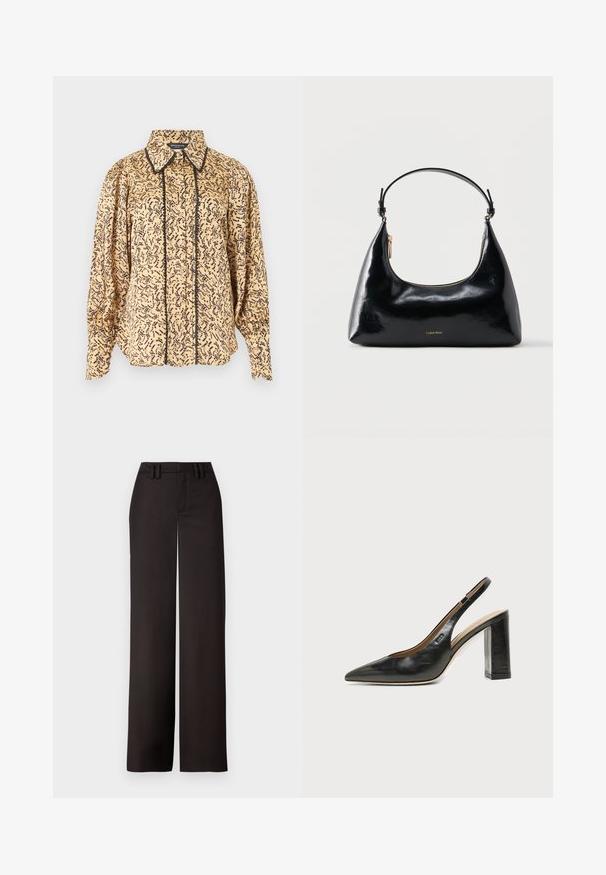 Blouse beige à manches longues avec motif abstrait noir, col pointu, boutons à l'avant et bordure noire le long de la ligne des boutons et des bords du col.; Pantalons noirs à jambes larges avec un devant plat, passants de ceinture et une texture lisse, conçus pour un ajustement près du corps. Aucun matériel ou motif visible.; Chaussure slingback en cuir noir à bout pointu avec un talon bloc haut et une doublure intérieure beige sur un fond clair uni.; Sac à main Calvin Klein noir brillant avec fermeture éclair dorée et anse courte sur fond blanc uni.