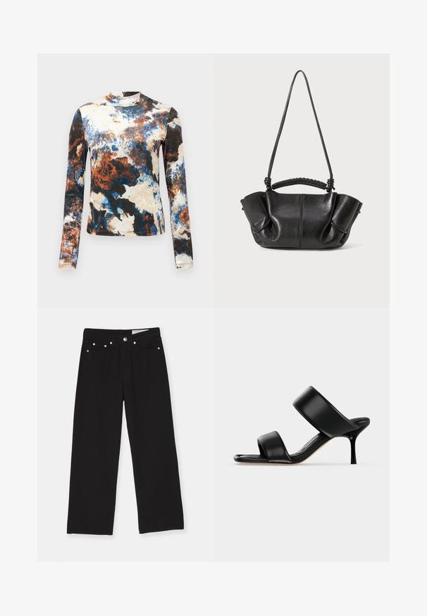 Blusa de manga larga en una mezcla de patrones abstractos en azul, marrón y crema. Tejido suave con un diseño ajustado y cuello alto.; Jeans anchos negros de mezclilla, con un diseño de cinco bolsillos, cierre de botón y acentos de hardware metálico. Tejido texturizado con un acabado suave.; Sandalia mule de cuero negro con dos tiras anchas y un tacón de aguja delgado de altura media sobre un fondo claro y sencillo.; Bolso de piel negra con un acabado texturizado, suaves pliegues, asas dobles y un detalle de mango trenzado. Compacto, con un diseño de parte superior abierta.