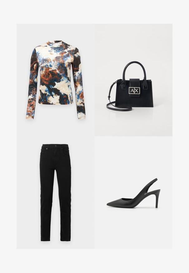Blusa de manga larga en una mezcla de patrones abstractos en azul, marrón y crema. Tejido suave con un diseño ajustado y cuello alto.; Pantalones vaqueros negros de mezclilla con un corte ajustado, cintura alta y bolsillos frontales sutiles. Presentan una cremallera con botón y un diseño limpio y minimalista.; Zapatos de tacón alto de cuero negro con diseño de punta afilada, que presentan un corte en la parte delantera y un delgado tacón de aguja.; Bolso de mano de cuero negro con un diseño estructurado, asas superiores y una correa de hombro desmontable. Presenta una placa de logo en tono plata y una textura suave.
