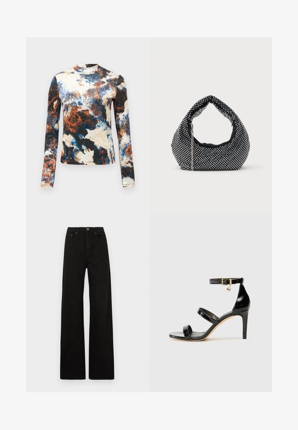 Blusa de manga larga en una mezcla de patrones abstractos en azul, marrón y crema. Tejido suave con un diseño ajustado y cuello alto.; Jeans negros de pierna ancha hechos de una tela resistente. Presentan un cierre frontal con botón, trabillas para cinturón y dos bolsillos frontales. Textura suave y uniforme.; Sandalia de charol negro con tres correas, hebilla en el tobillo y tacón de aguja de 10 cm. Presenta detalles de hardware en oro y un charm con el logo.; Bolso de malla negra adornado con tachuelas plateadas, con un asa curvada y una correa de cadena. Textura suave con forma redondeada.